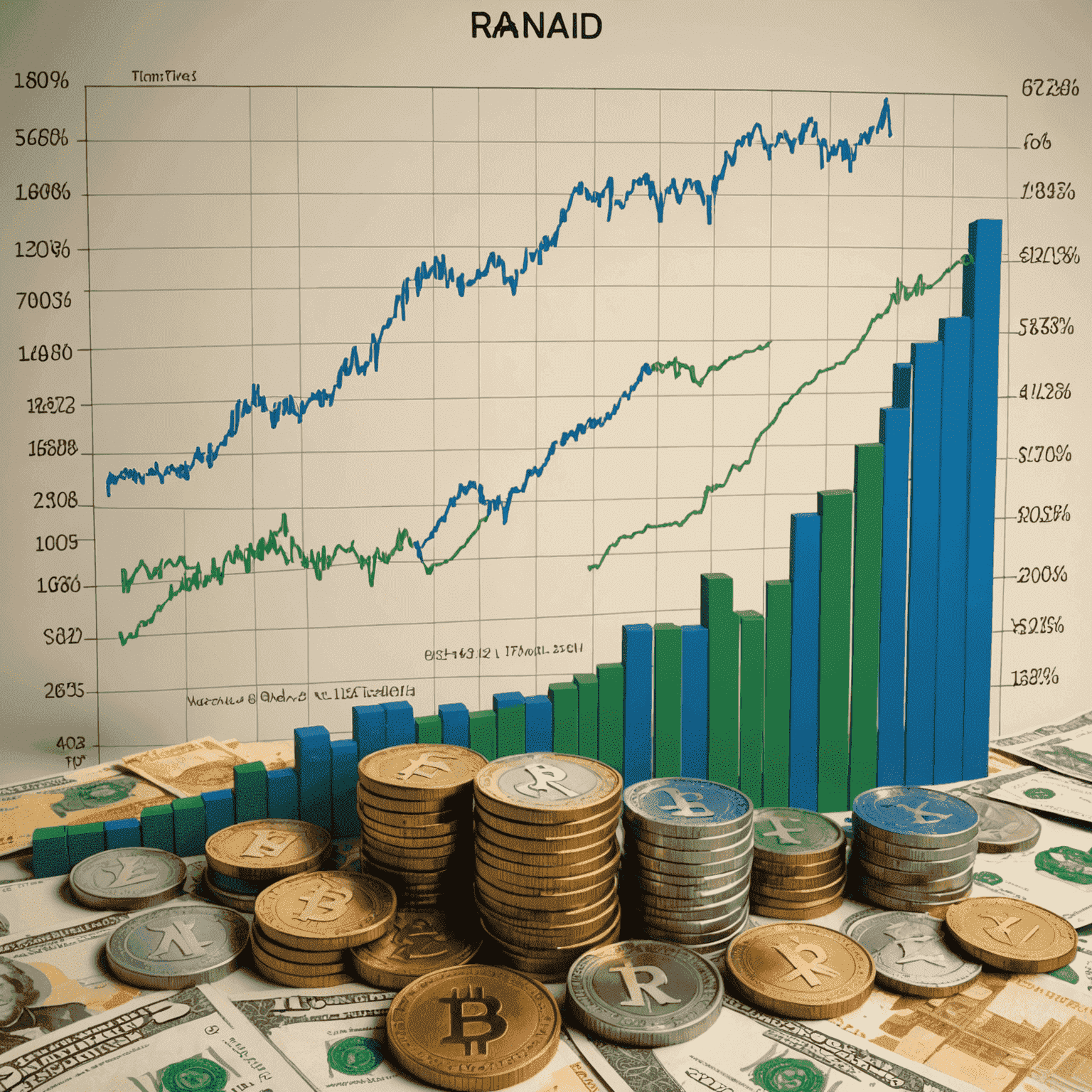 A graph showing fluctuations in foreign exchange rates over time, with the South African Rand and major global currencies