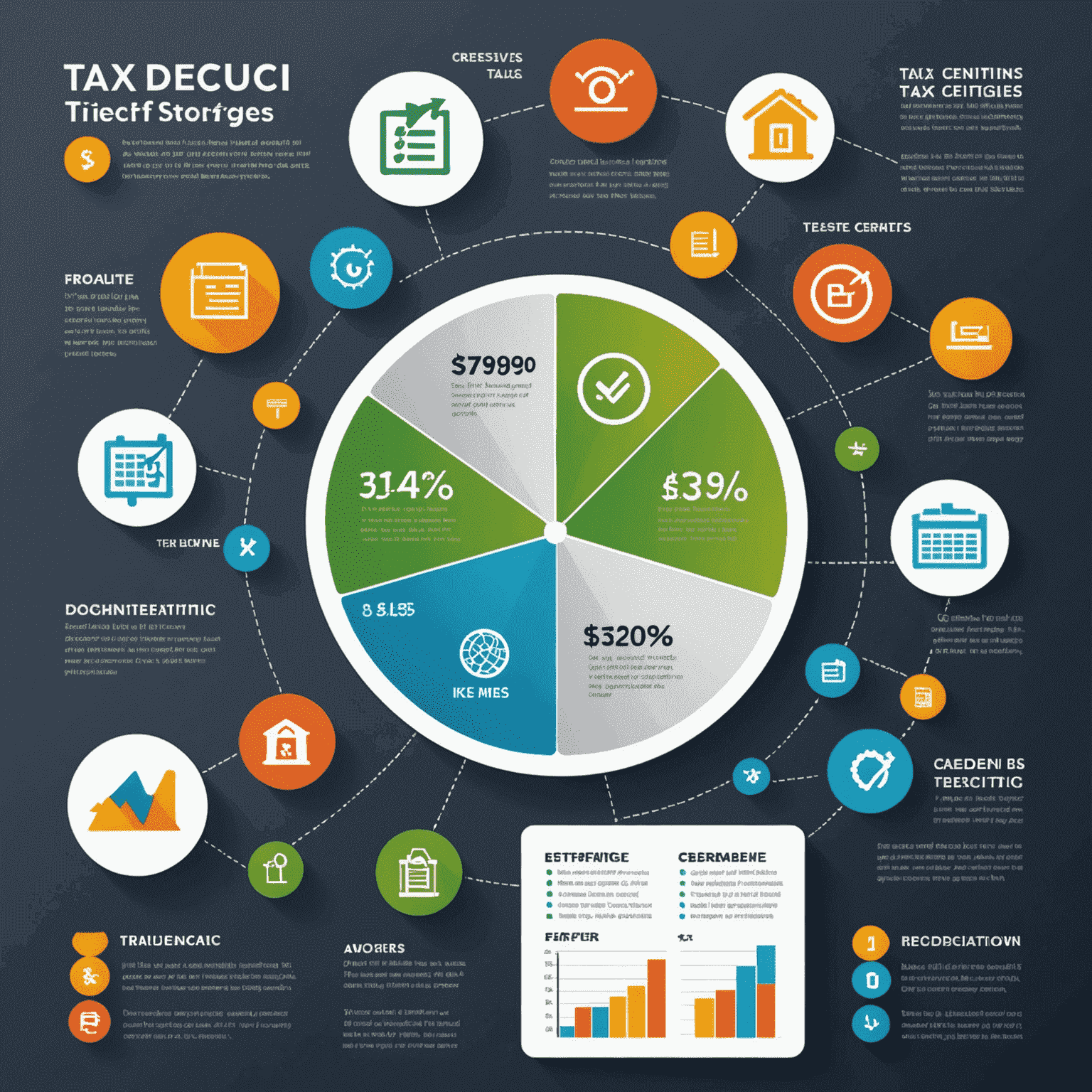 Illustration of various tax optimization strategies such as tax deductions, tax credits, and tax-efficient allocations, presented in a professional manner with charts and icons