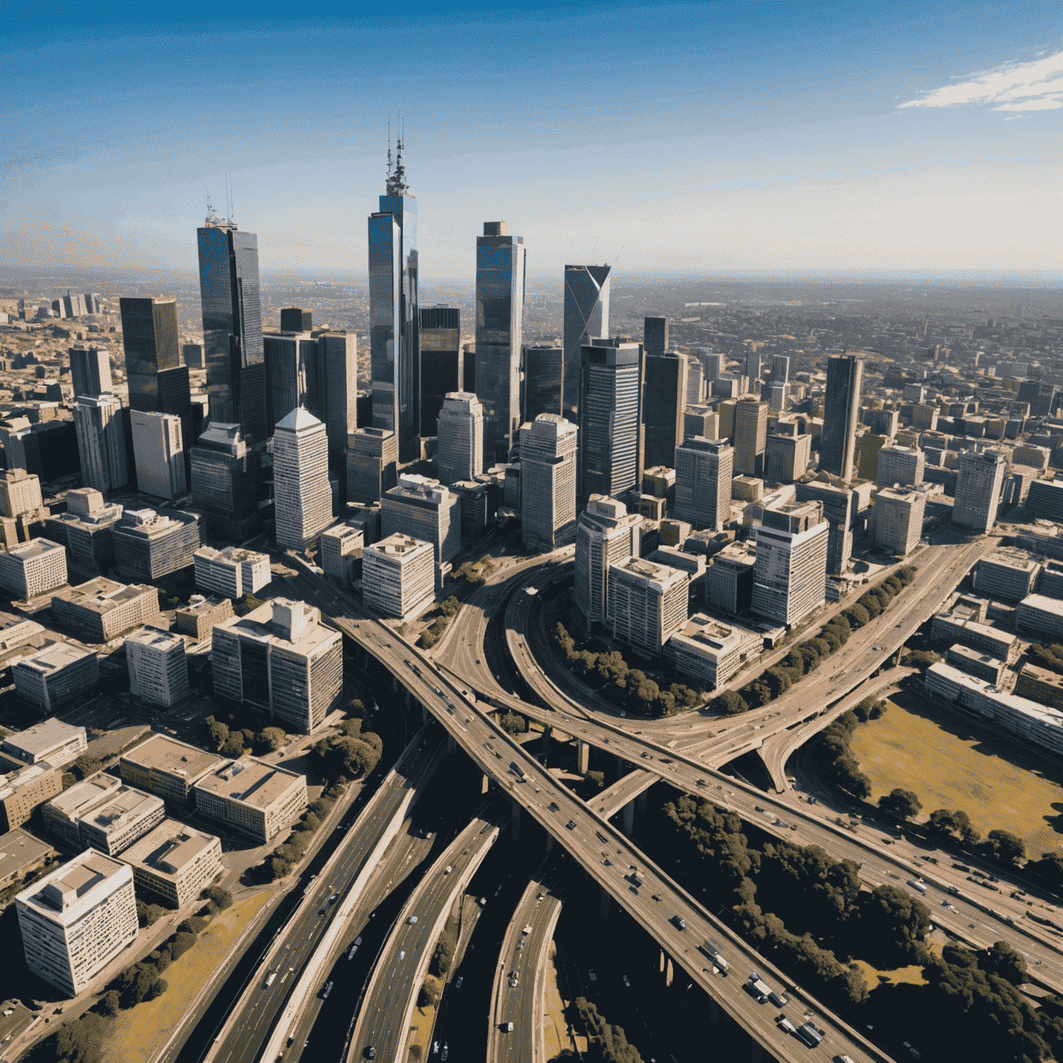 Aerial view of Johannesburg skyline with modern skyscrapers and highways, representing the thriving business and development opportunities in South Africa