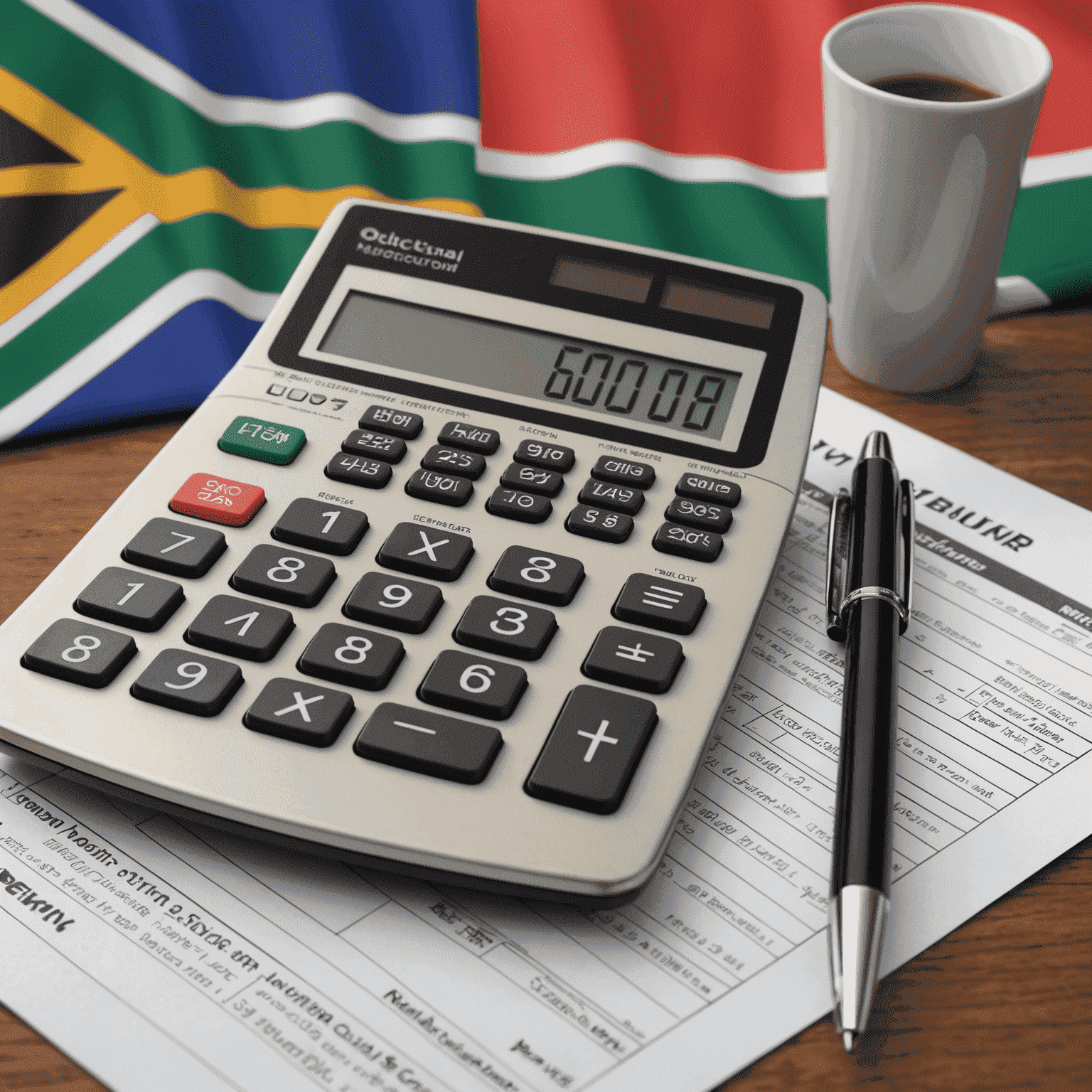 A calculator, pen, and tax forms on a desk, with a South African flag in the background.