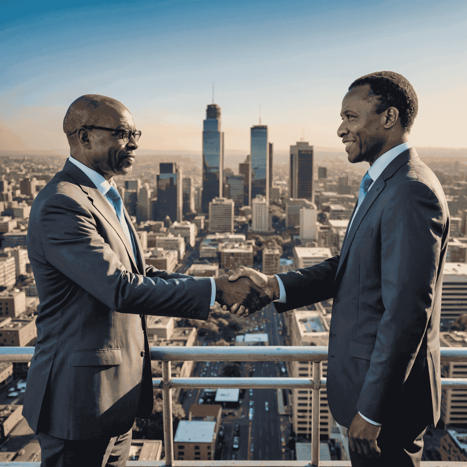 A handshake between a foreign investor and a South African business owner, with a cityscape of Johannesburg in the background.